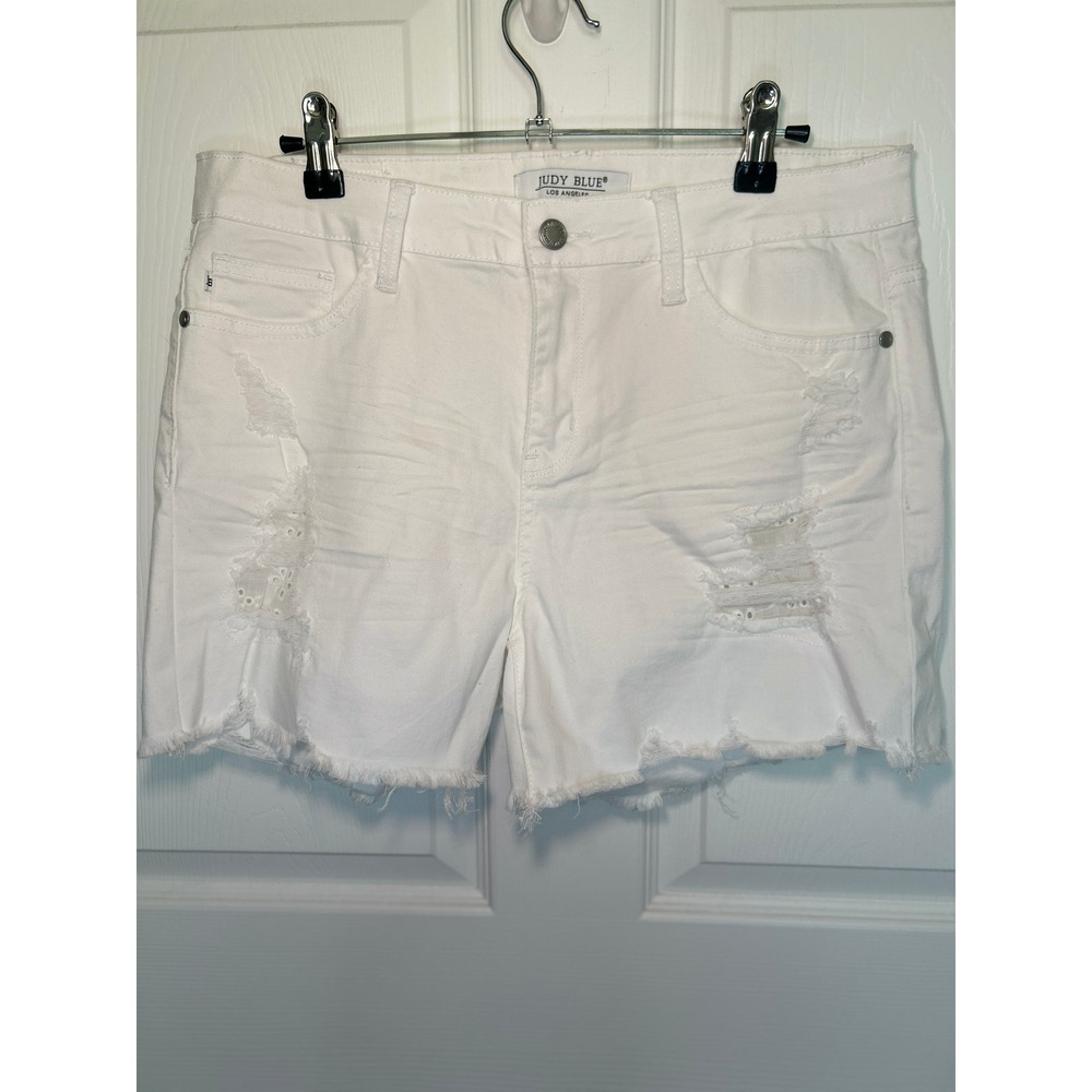 Judy Blue White Distressed Eyelet Lace Raw Hem Denim Cut Off Shorts Size Large